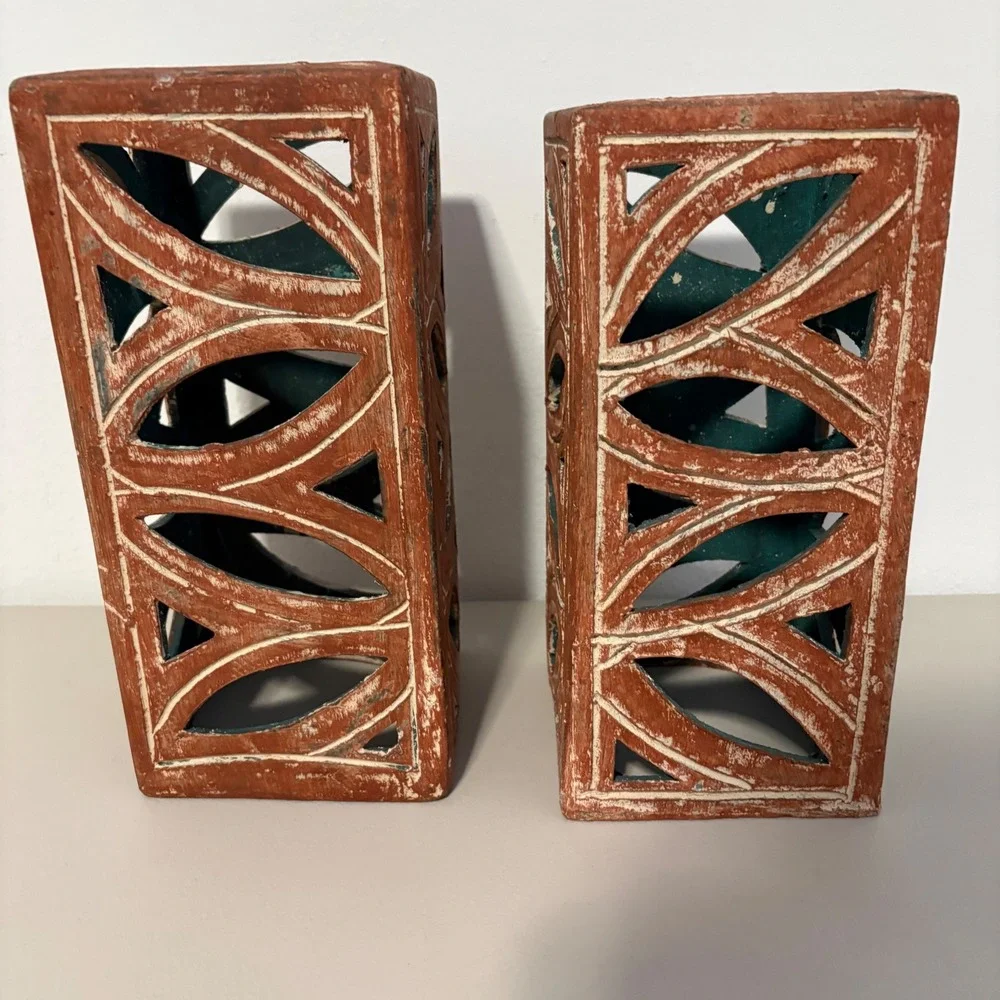 Terracotta Geometric‎ Lattice Candle Lanterns Pair Rustic Teal Interior 10.5in